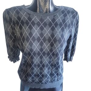 Kaily K Black and Gray Argyle Short Puff Sleeve Crew Neck Sweater L